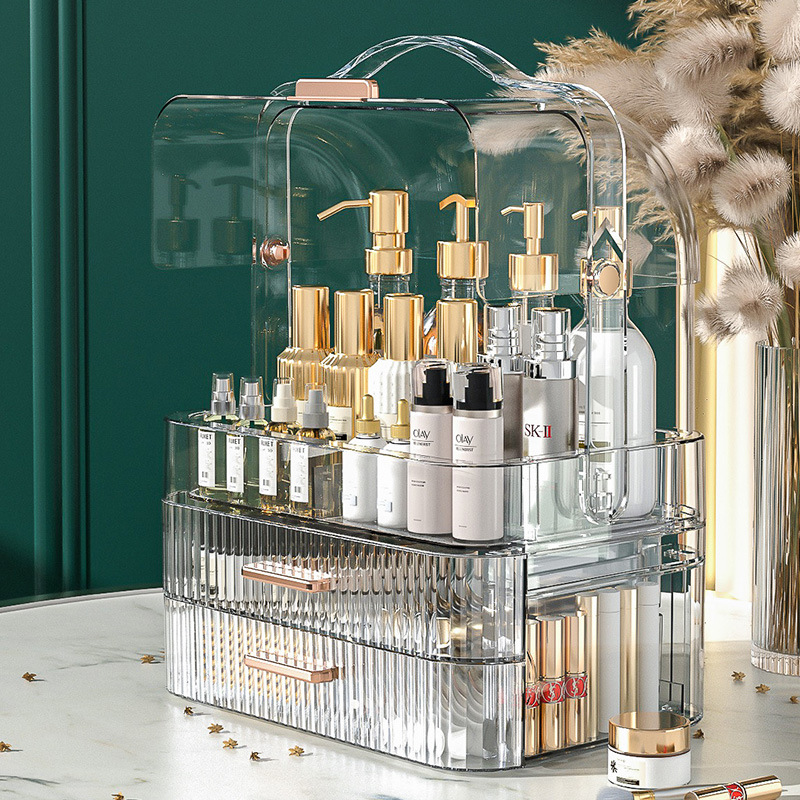 Transparent dustproof cosmetics storage box Desktop double open drawer type clamshell storage cabinet Large capacity storage rack