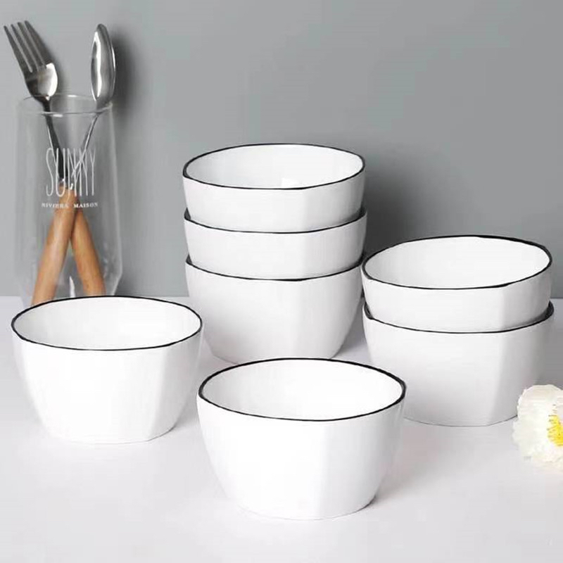 Chén sứ trắng viền đen cao cấp, chén ăn cơm , chén sứ cao cấp, chén trắng đơn giản.