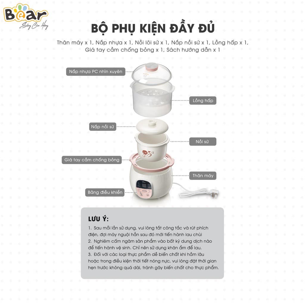 Nồi nấu cháo chậm, cách thủy và ninh hầm Bear 0,8L