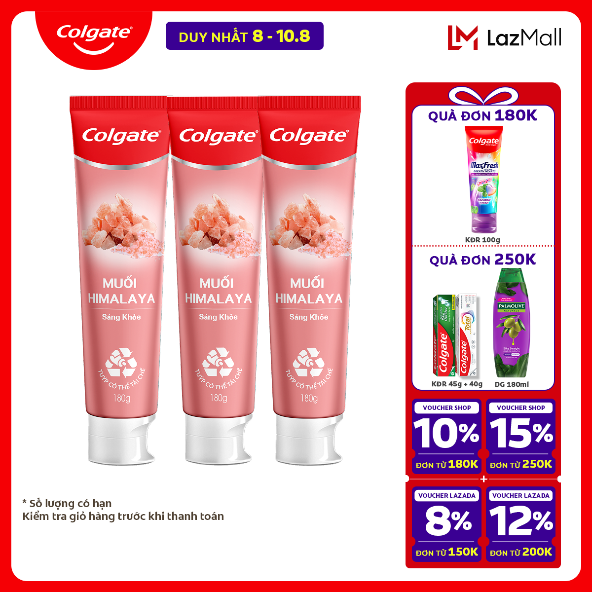 [Chỉ 15-17.7_X2 Voucher giảm đến 18%] Bộ 3 Kem đánh răng Colgate thiên nhiên muối Himalaya sáng khỏe 180g x3
