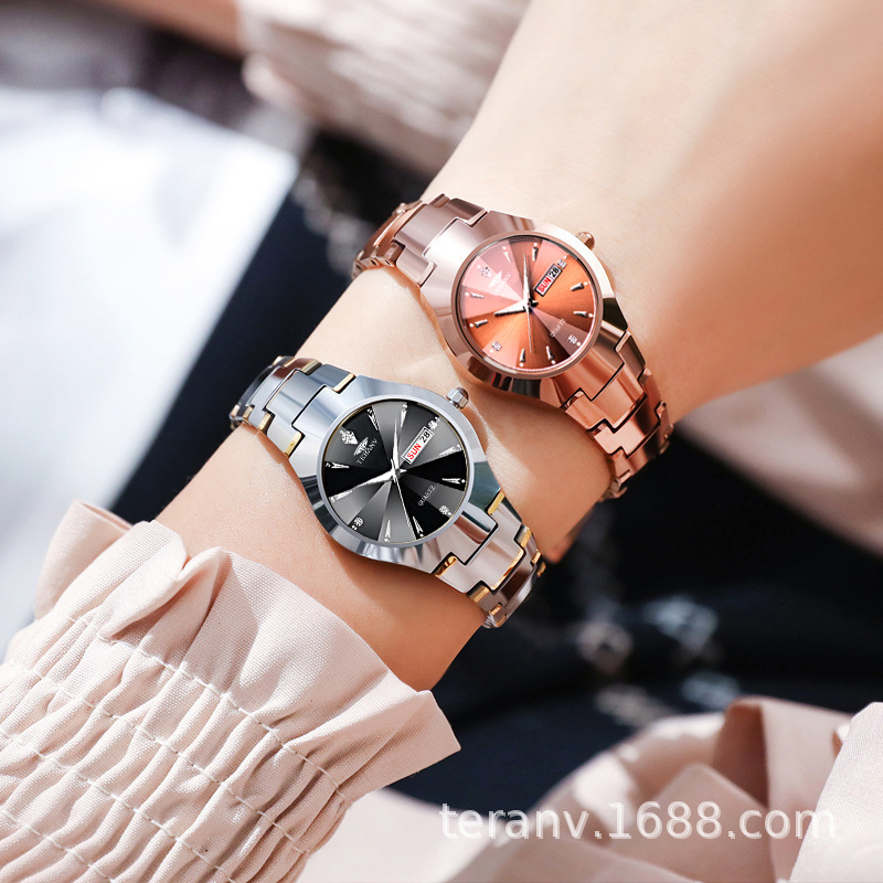 Minimalist Forest Style Women's钨钢 Non-Mechanical Watch - Korean Version, Simple and Water-Resistant with Dual Date Display, High Fashion