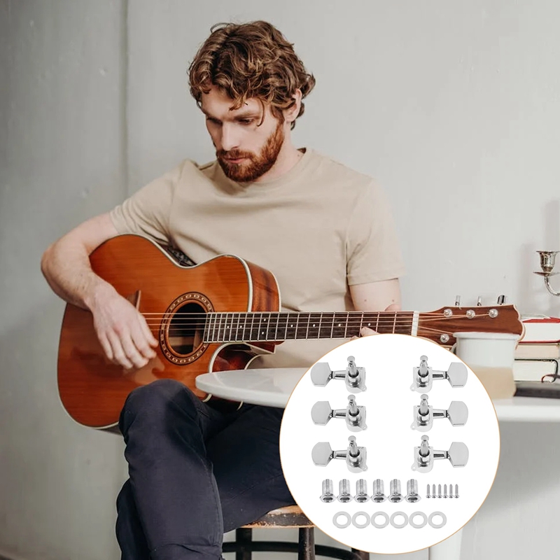 6 Pieces Silver Acoustic Guitar Machine Heads Knobs Guitar String Tuning Peg Tuner(3 for Left + 3 for Right)
