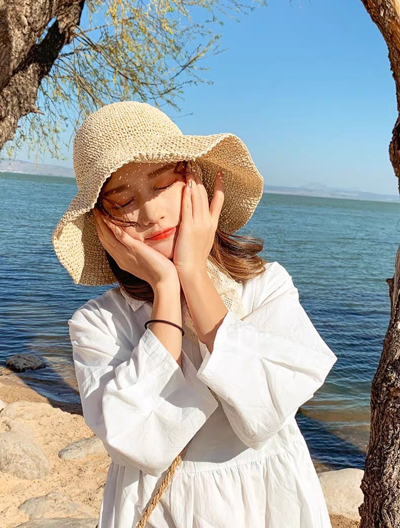 Mũ cói mềm dây ren buộc cổ phong cách tiểu thư