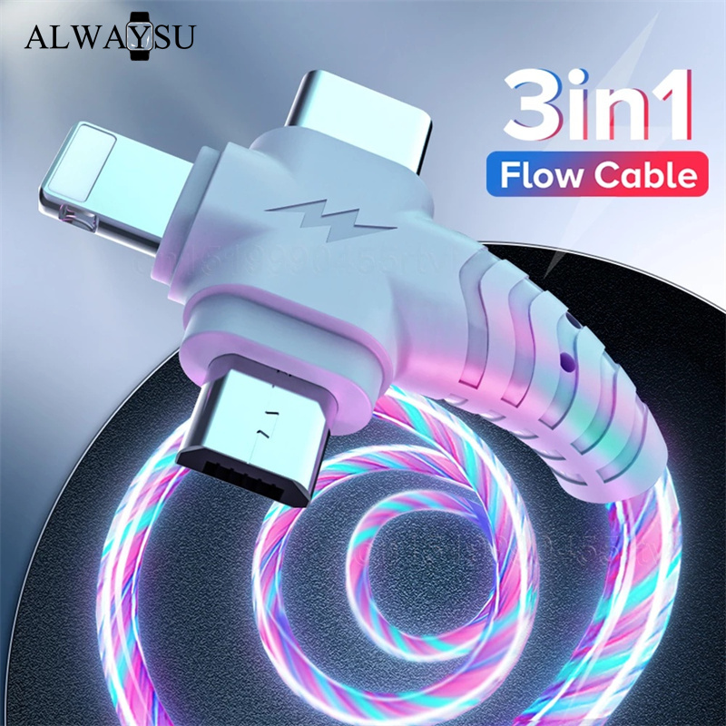 Cáp Sạc Phát Sáng LED 3 Trong 1 Bộ Sạc Nhanh Phát Sáng USB Type C Dây Micro USB Tương Thích Với Điện Thoại iPhone Android Cáp USB Chiếu Sáng