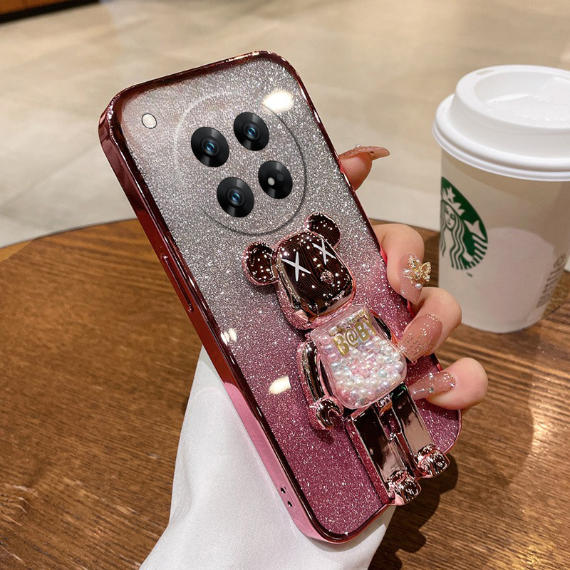 New Phone case Redmi 14C Back cover with Cartoon 3D Bear Stand Luxury Slim Gradient Plating Glitter Girls Stylish For Xiaomi Redmi 14C case. 