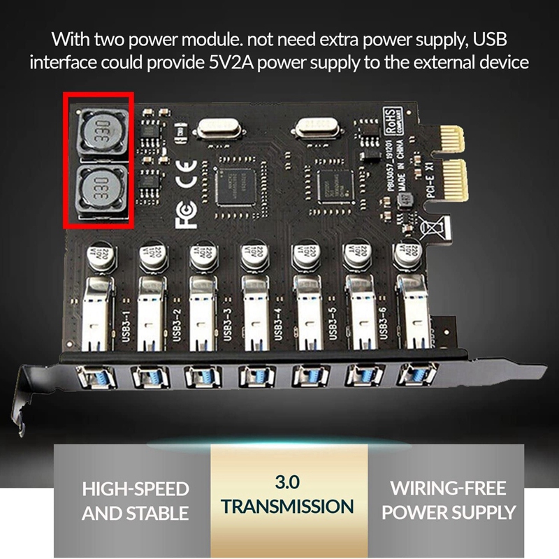 7 Ports USB 3.0 PCI Express Adapter Card USB Expansion Card, PCIe Riser Card for PC, Linux / WindowsXP/ 7/ 8/ 8.1/ 10