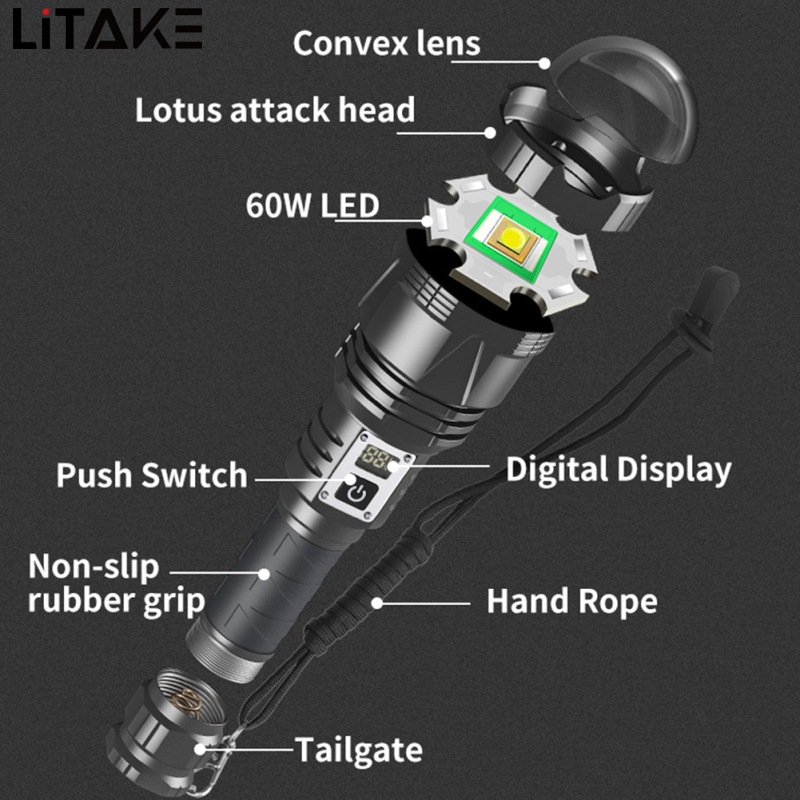 60W XHP360 Powerful Handheld Flashlights Digital Power Display IPX4 Waterproof Strong Light Long Range Outdoor Camping Flash Light Torch