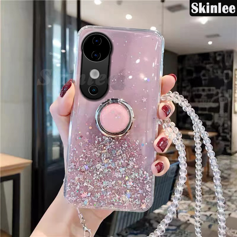 Phone case For Vivo V40 Back cover Glitter Starry Sky Bling Ring Lanyard Shiny Transparent Holder Stand Girls Soft Cover For Vivo V40 Pro Cover cases.