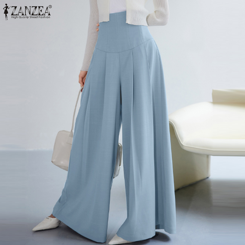 ZANZEA Korean Style Women's Pants Commute Elegant Wide Leg Solid Office OL High  Waist Pleated Trousers #11