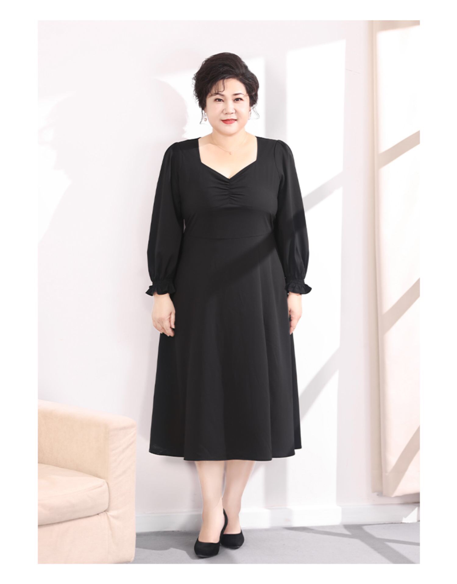 Đầm xòe tay dài cổ tim trung niên bigsize - BSct422