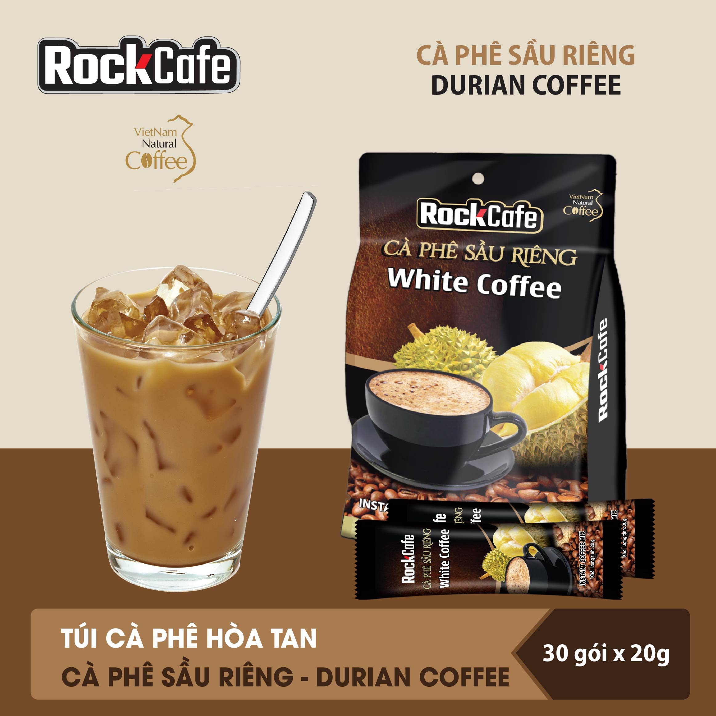 RockCafe - Cà phê hòa tan 3 trong 1 - Vị sầu riêng độc đáo - Thơm ngon - Đậm vị  - Túi 30 gói x 20gr