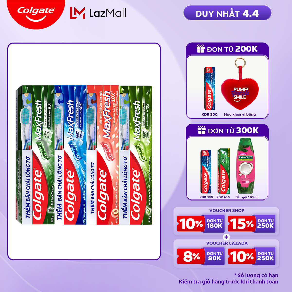 [Chỉ 15-17.7_Voucher đến 10%] Bộ sưu tập 4 kem đánh răng Colgate Maxfresh 225g (Tặng bàn chải lông tơ)