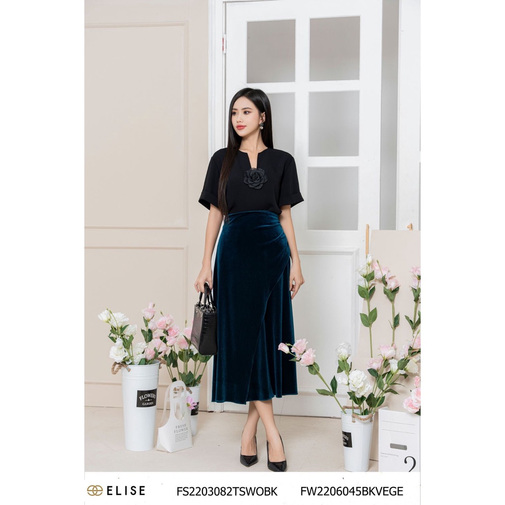 Chân váy nhung xanh rút dây sườn thiết kế elise fw2206045bkvege