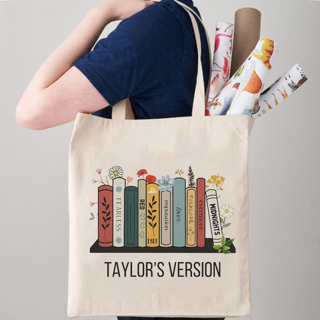 1 pc taylor's version pattern beige tote bag, taylor tote bag, book bag, ts merch, shopping bag, shoulder bag, canvas bag,