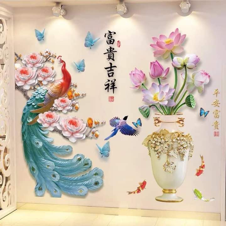 DECAL DÁN TƯỜNG TẾT CHIM CÔNG VÀ BÌNH HOA PHONG THỦY 5