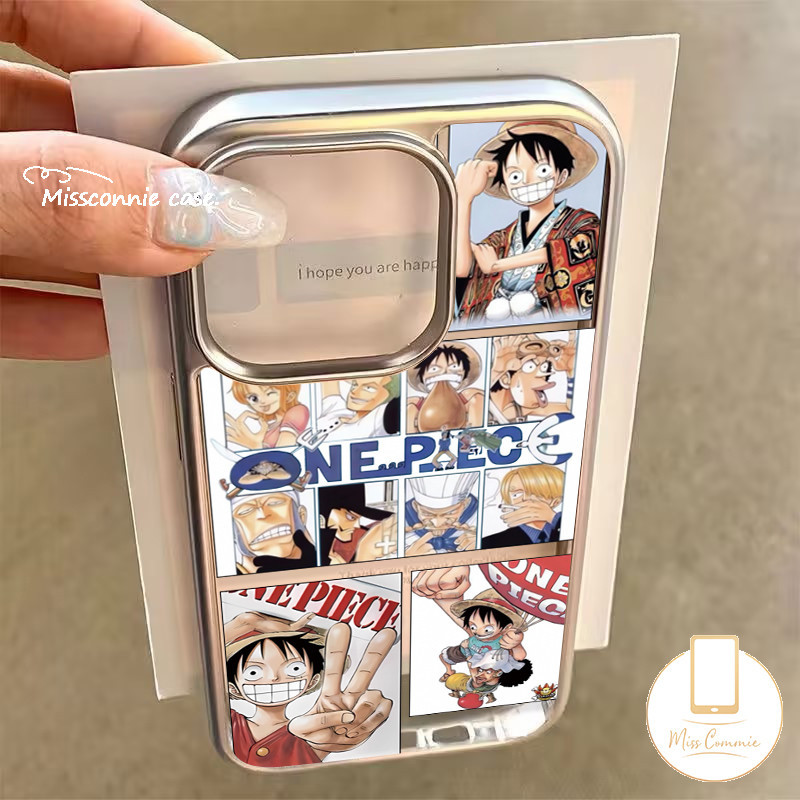 Trendy Brand Comic One Piece Phone Case Compatible for IPhone 11 14 13 15 12 Pro Max 8 7 14 15 Plus XR X 7Plus XS Max SE 2020 Luxury Electroplated Frame Cartoon Funny Luffy Cover.