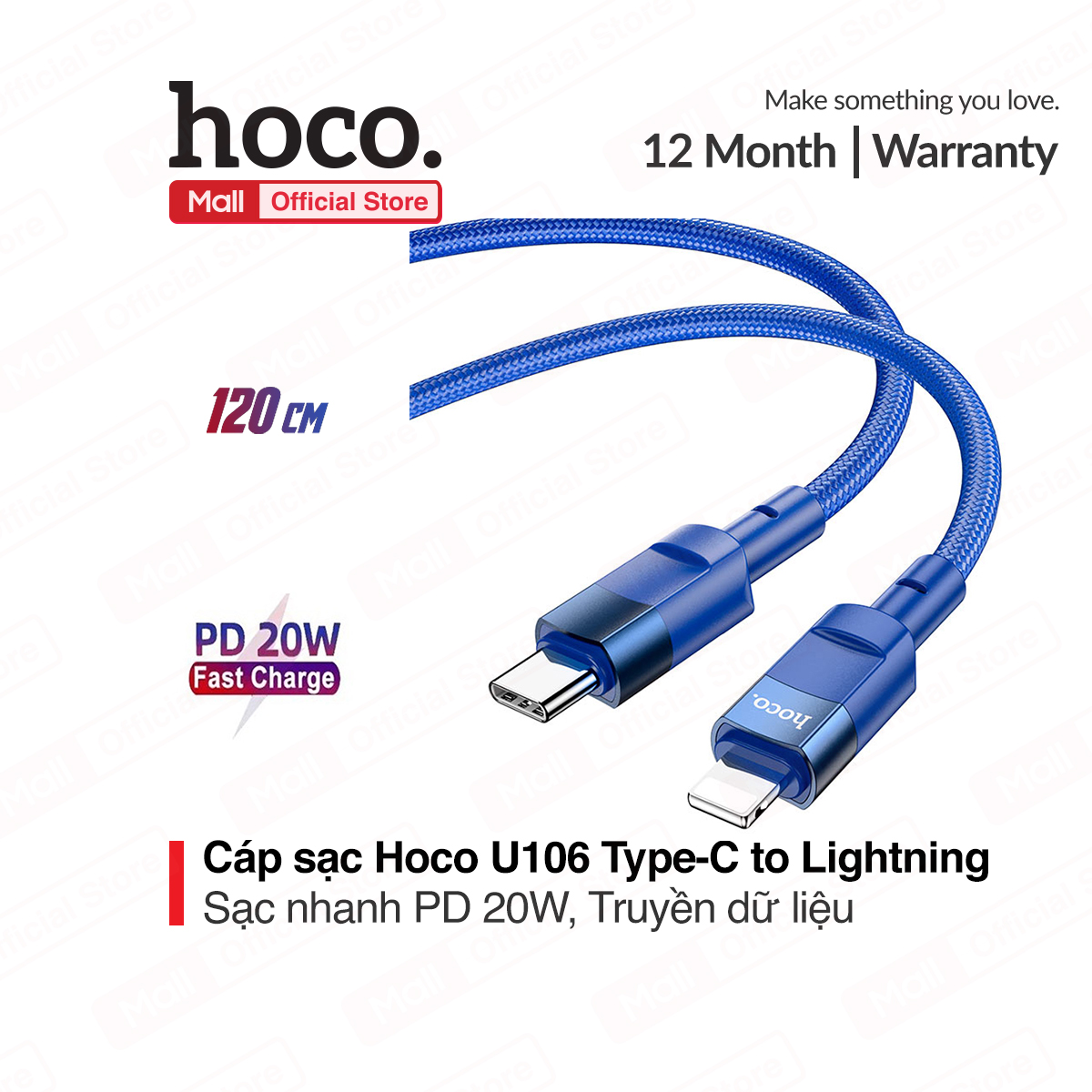 Cáp sạc Hoco U106 sạc nhanh PD20W Type-C to Lightning dây dù truyền dữ liệu cho iPhone/iPad dài 1.2M