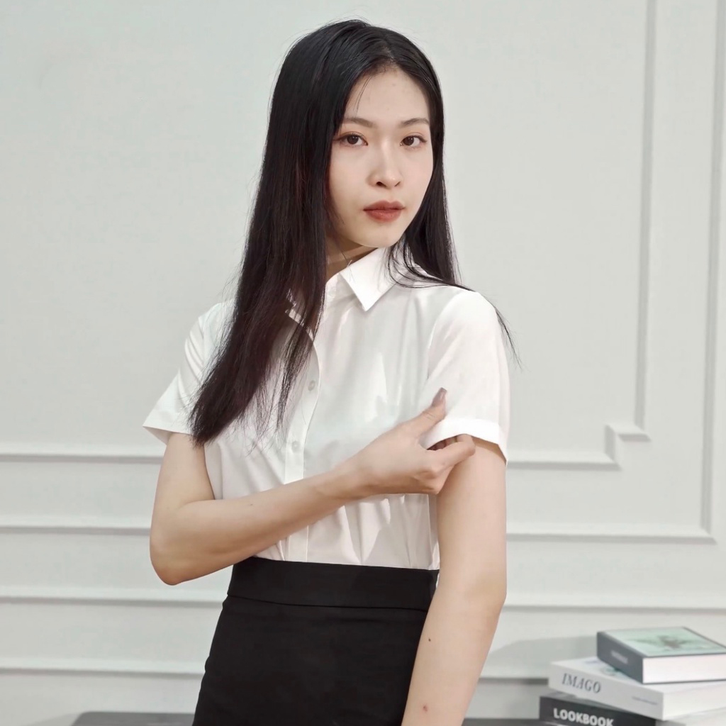 Áo sơ mi nữ ngắn tay trơn vải cotton lụa mềm mịn