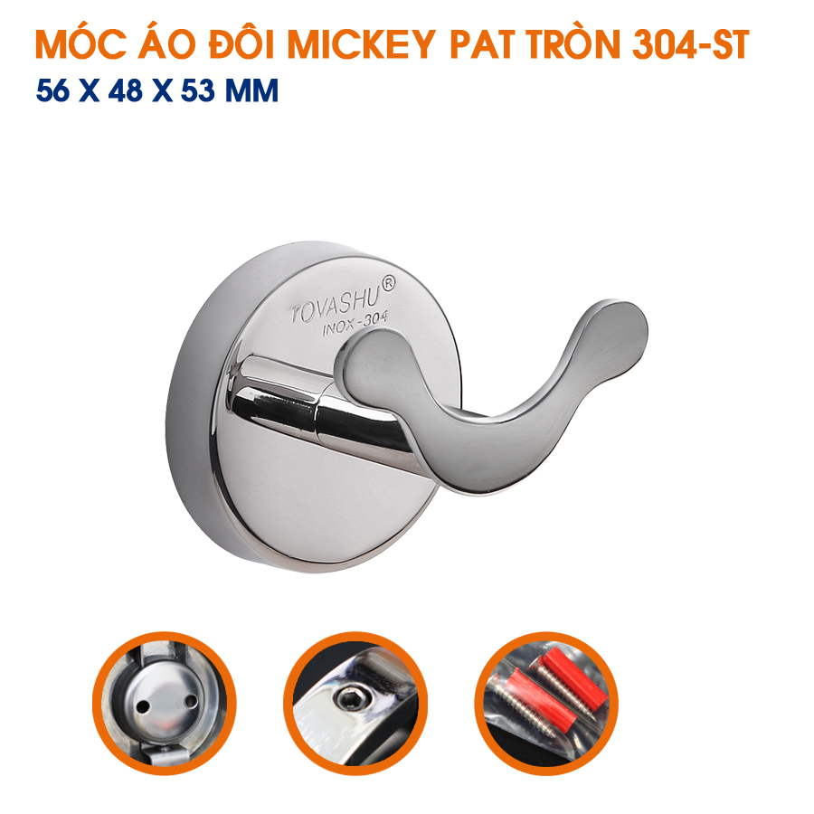 Móc áo TOVASHU đôi mickey vuông inox 304 (Inox 304 - Bảo hành 20 năm)