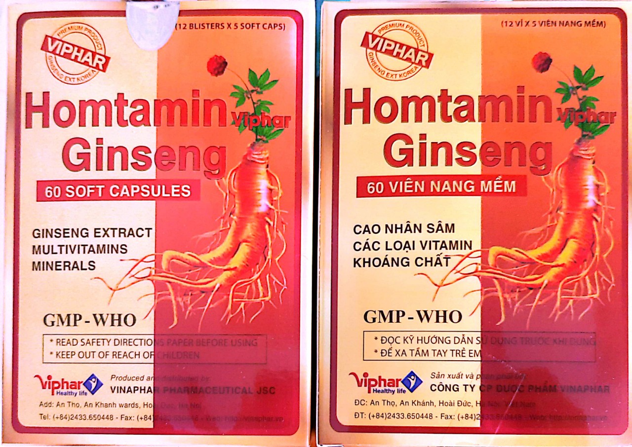 Combo 2 hộp Sâm Homtamin Ginseng Viphar Hộp 60 viên nang mềm - Bổ sung vitamin và khoáng chất cho các trường hợp chán ăn, loạn dưỡng, mệt mỏi, gầy yếu, stress, phụ nữ có thai
