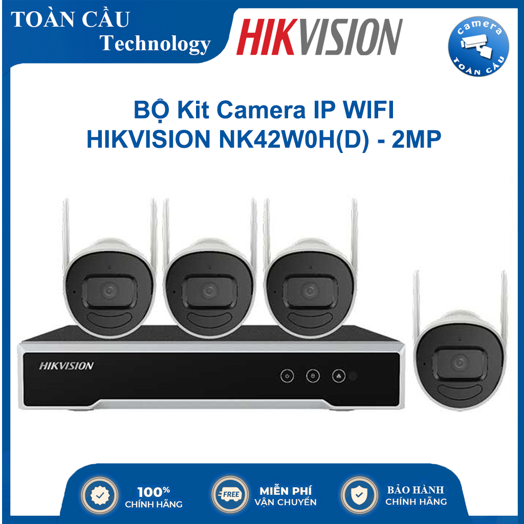 [100% CHÍNH HÃNG]NK42W0H(D) KIT WIFI TRỌN BỘ (4 CAMERA + 1 Đầu ghi 2.0MP, cắm là chạy dễ dàng lắp đặt và sử dụng (trong nhà + ngoài trời) - Sản phẩm chính hãng HIKVISION. Bảo hành 24 tháng- Camera Toàn Cầu