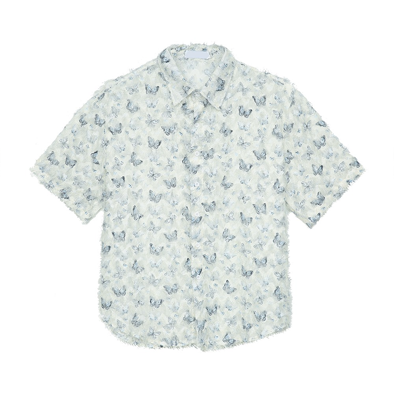 MOLAN Men's casual shirt butterfly print American butterfly print shirt plush fringed short-sleeve shirt stylish loose top high-end handsome shirt
