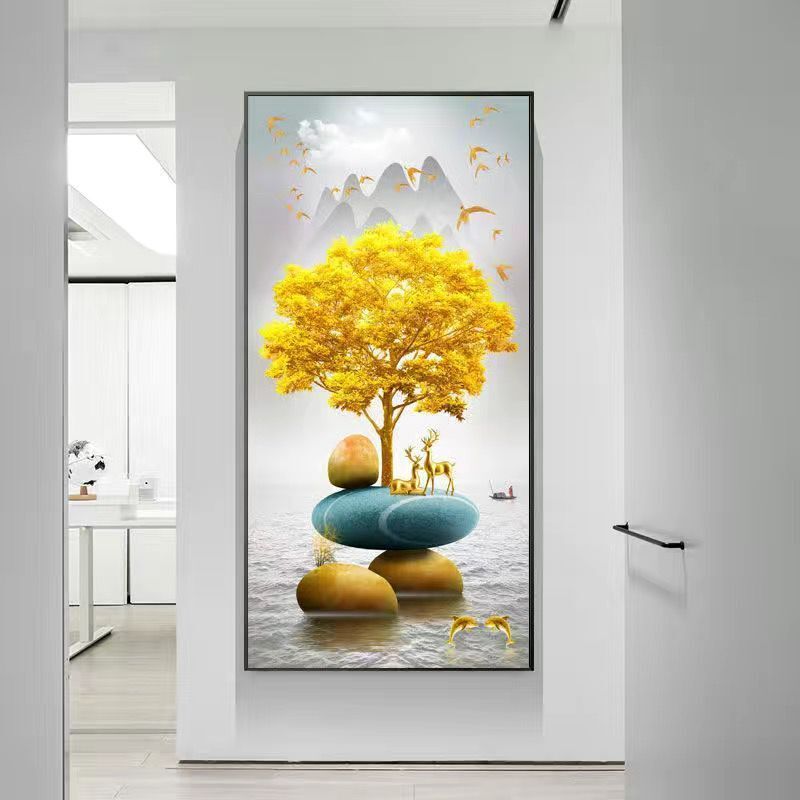 Tranh tráng gương treo tường có khung cỡ lớn hươu trên đá cuội THD56