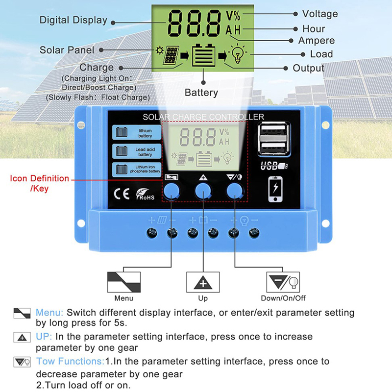 30A 20A 10A solar charging controller 12V 24V automotive solar panel controller. 