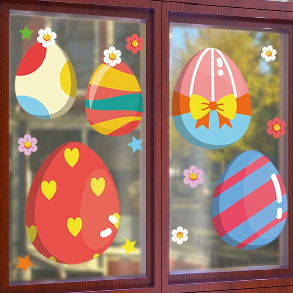 HIROCHAO Plastic Cartoon Easter Egg Window Stickers Static Decorative Easter Window Door Stickers Creative Colorful Carrot Egg Wall Sticker Home