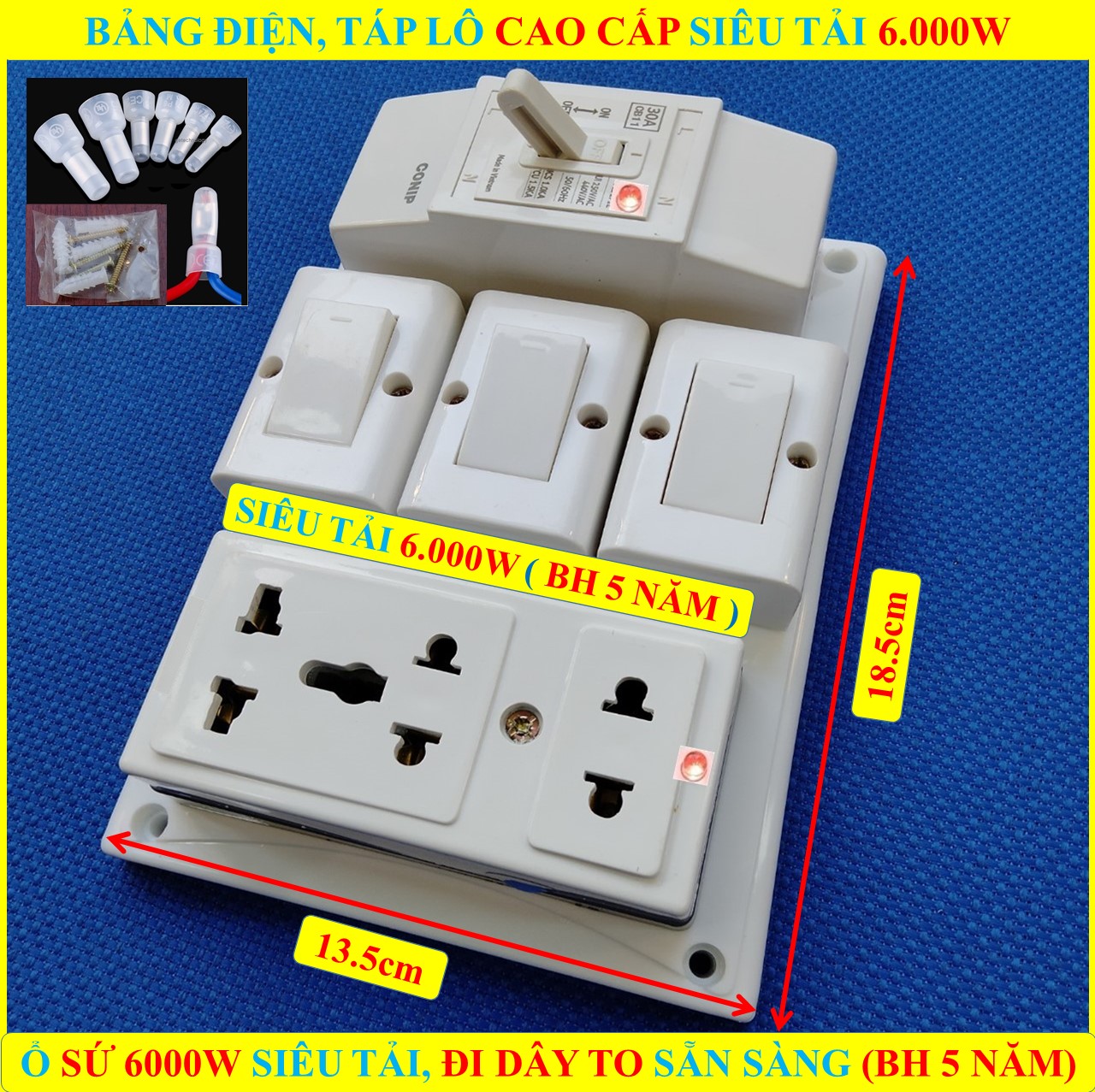 Bảng điện nổi, Táp lô tổng SIÊU CHỊU TẢI 6000W (BH 5 NĂM) + 3 Công tắc + 1 Ổ cắm SỨ SIÊU TẢI 6000W CÓ lò xo chống giãn + ĐÃ ĐI DÂY TO sẵn sàng + Bộ vít lắp đặt (bộ 1 sp)