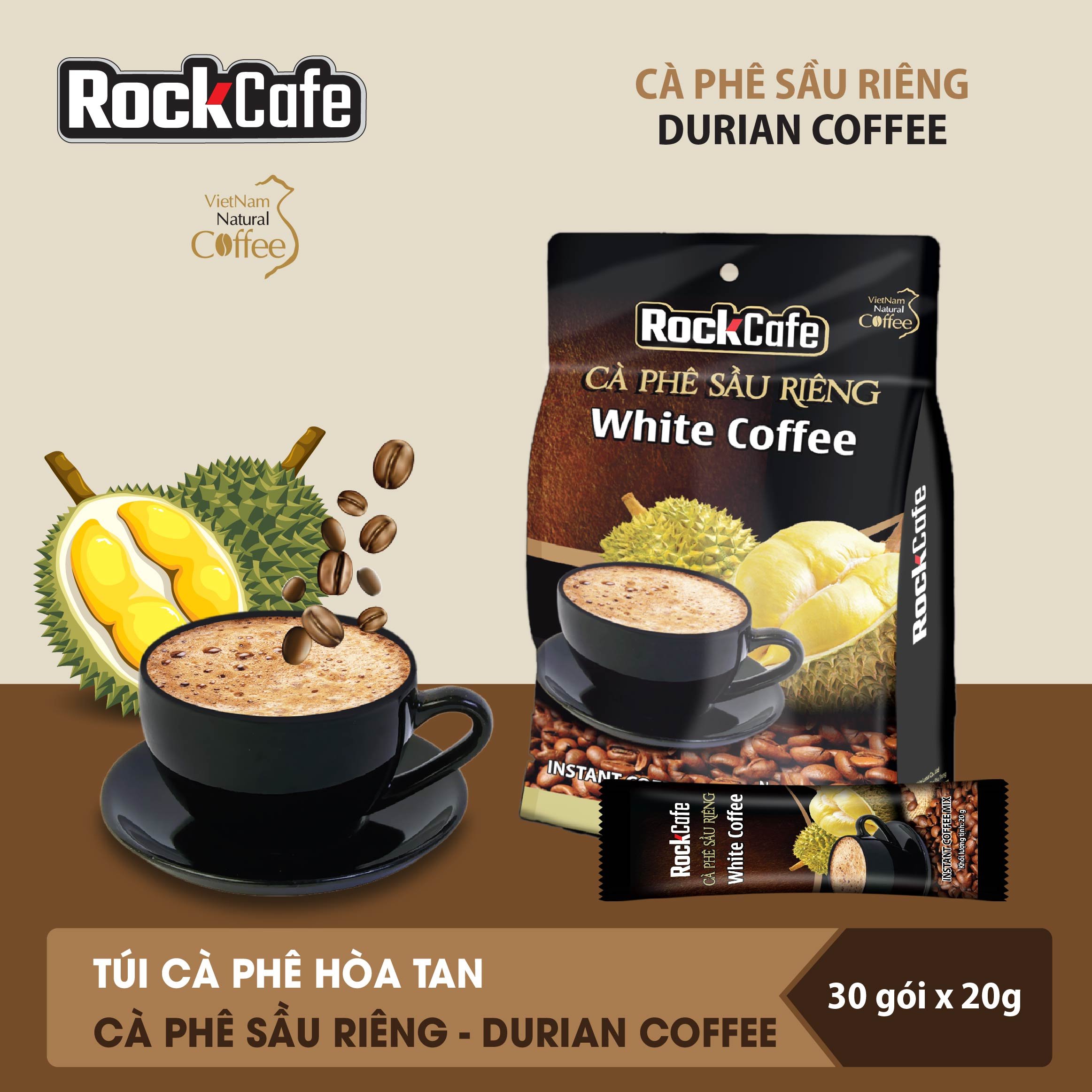 RockCafe - Cà phê hòa tan 3 trong 1 - Vị sầu riêng độc đáo - Thơm ngon - Đậm vị  - Túi 30 gói x 20gr