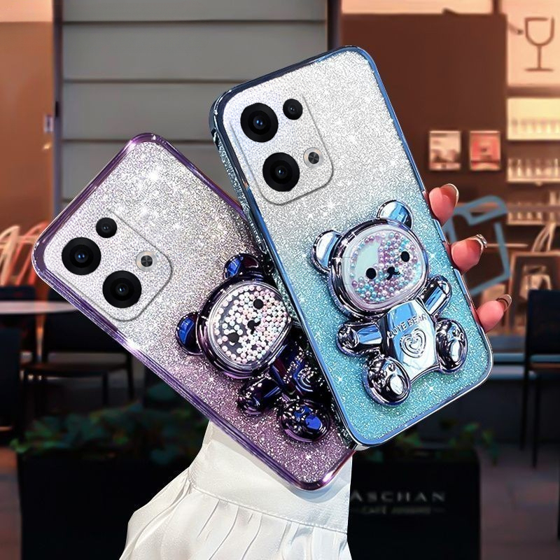 For OPPO Reno 13 Pro 13F Case with Gradient 3D Bear Folding Stand Bracket Luxury Slim 6D Plating Glitter Girls for OPPO Reno 13F 13 Pro Back Cover.