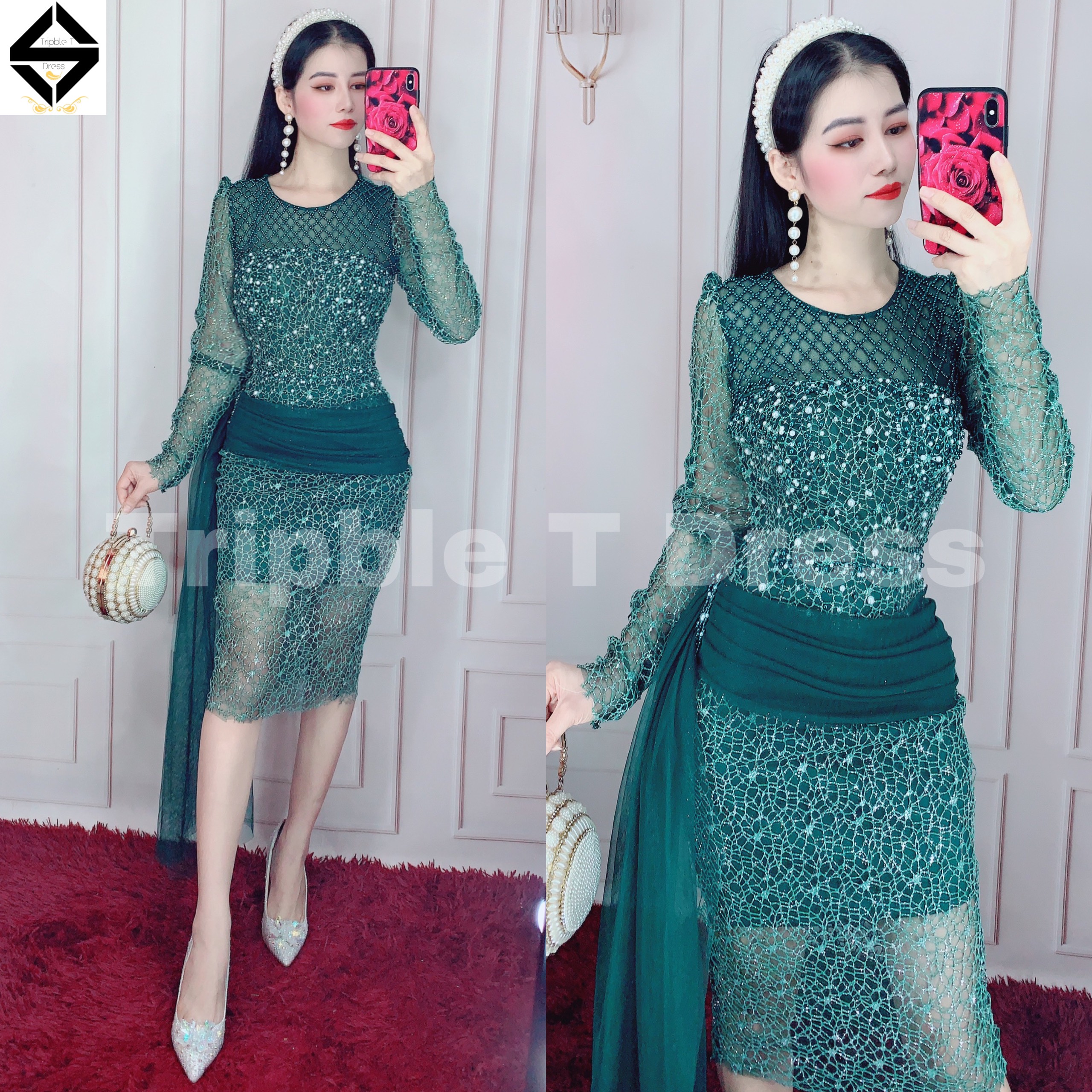 Đầm body tay dài lưới lỗ kết hạt cườm cao cấp phối lưới eo - MS139Y
