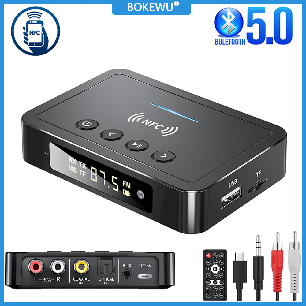 BOKEWU Bluetooth 5.0 Receiver Transmitter NFC Stereo 3.5mm AUX Jack RCA Optical Wireless Audio Adapter with Remote Control