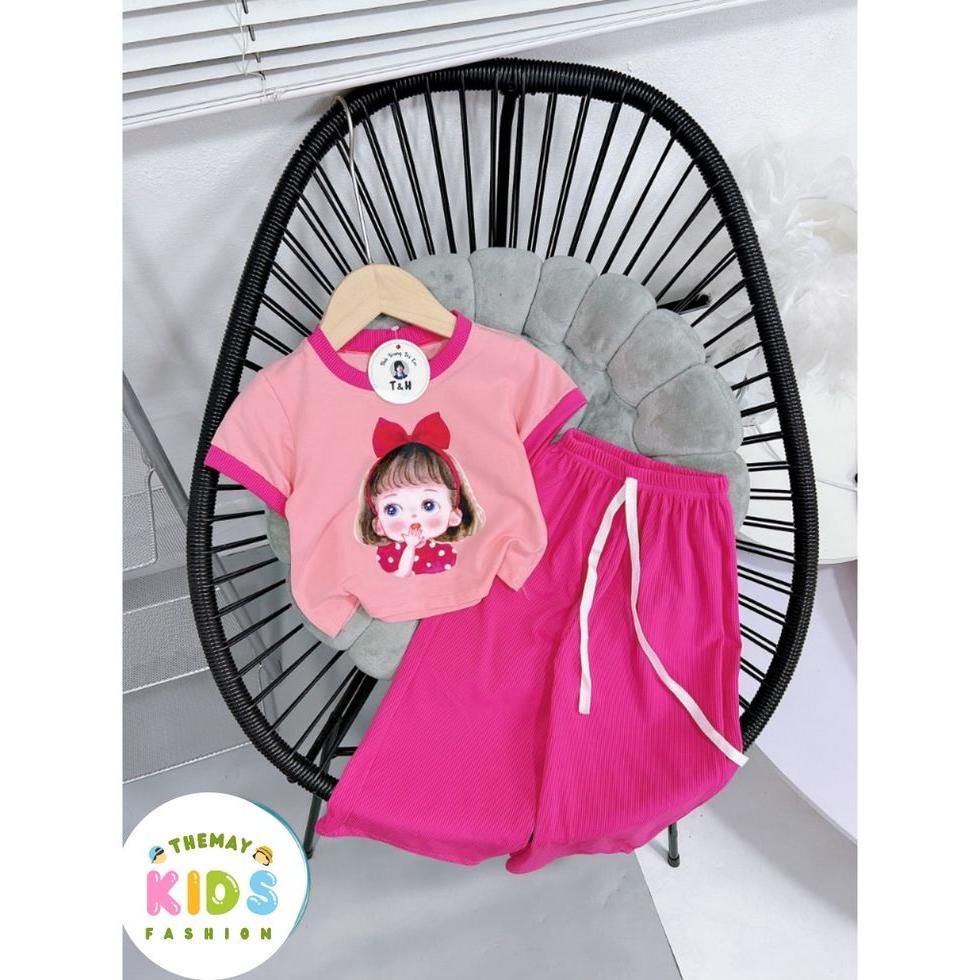 Đồ bộ bé gái quần ống rộng thu gân lụa