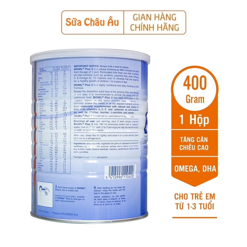 Sữa bột sinh học Biomil Plus 3 nhập khẩu Pháp 400g