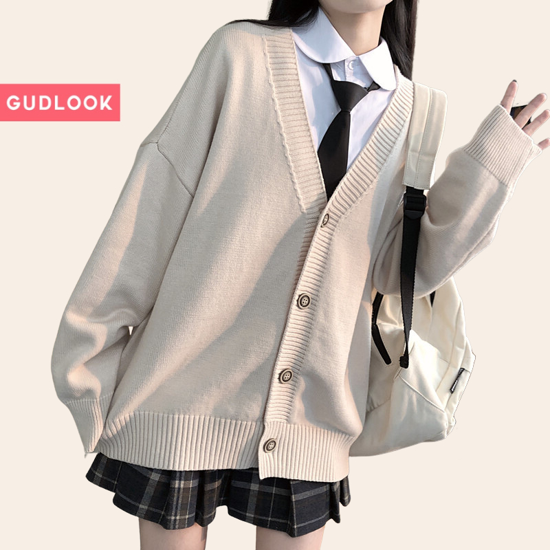 Áo Len Cardigan Basic GUDLOOK Form Rộng Màu Be Dễ Phối Đồ