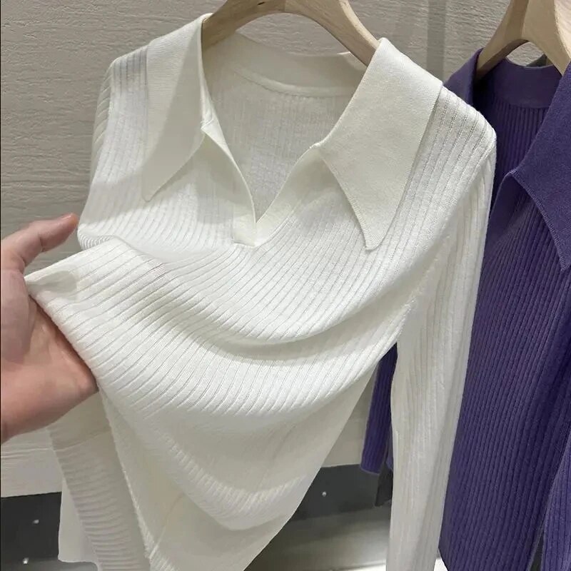 Áo chui đầu nữ dệt kim dài tay dáng ôm cổ Polo mỏng mùa xuân và mùa thu mỏng màu trơn dáng rộng cơ bản