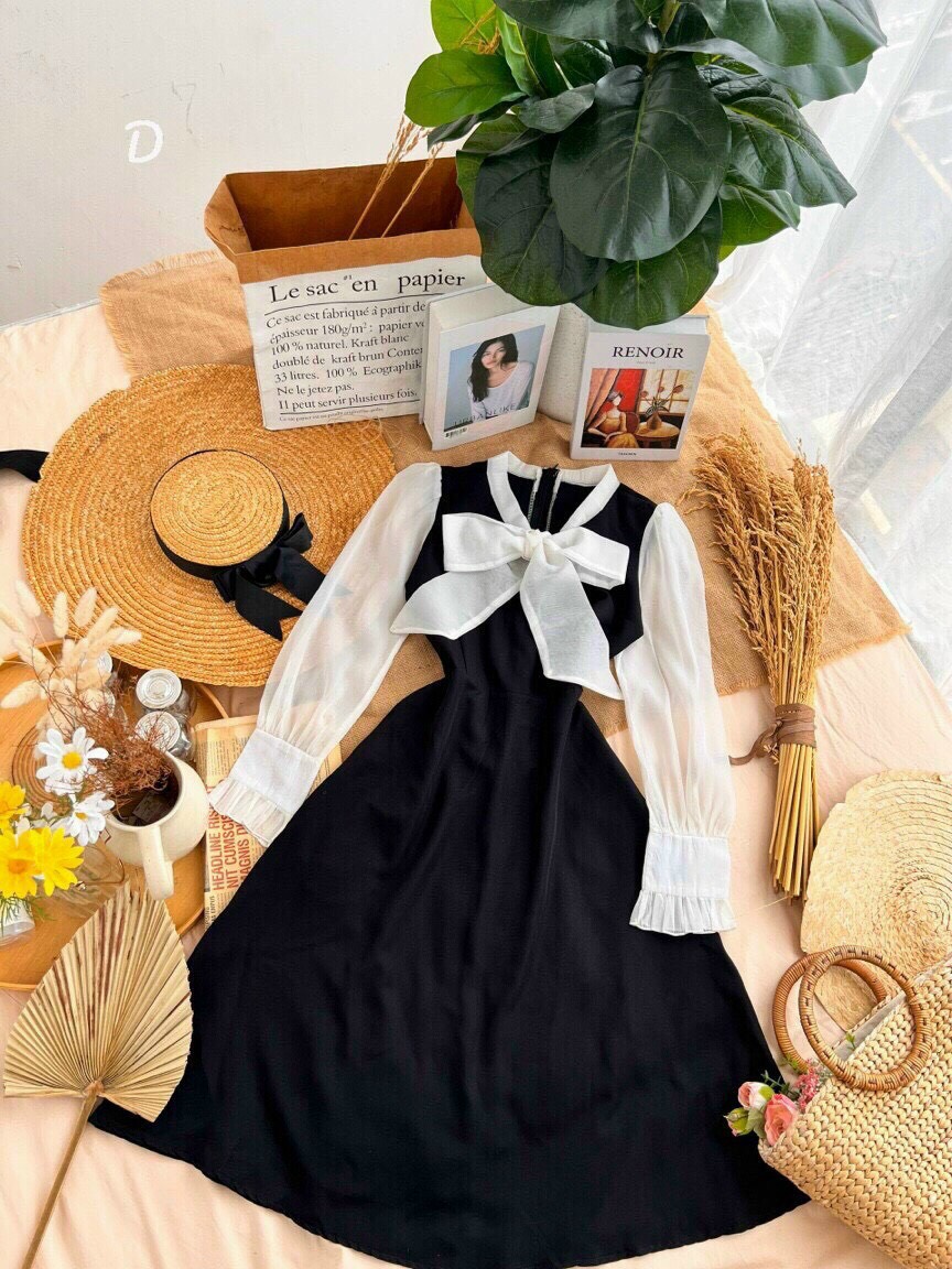 Đầm umi phối nơ tay dài, đầm tiểu thư phối nơ kèm ảnh thật, đầm xuông ôm eo tôn dáng phối nơ siêu dễ thương