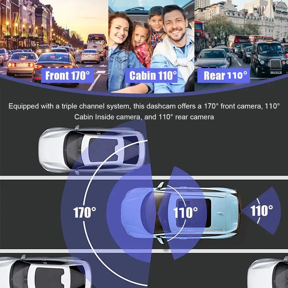 Aumotop Dash Camera with Triple Camera Setup and Night Vision - Front Rear and Inside Recording for Auto Safety
