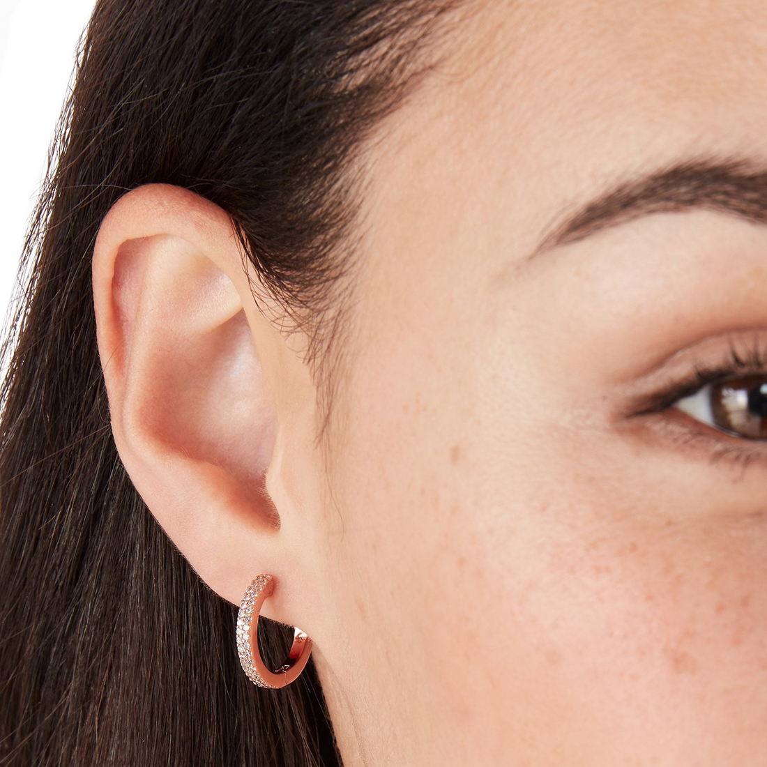 Kate Spade Save The Date Pave Huggies Earrings in Clear/ Rose Gold