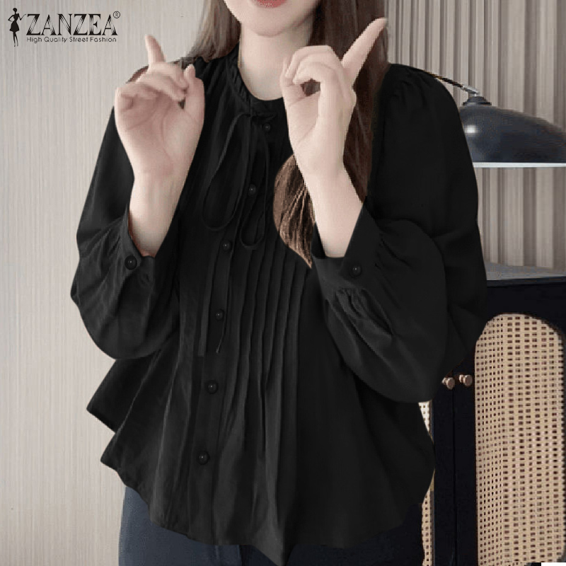 ZANZEA%20Korean%20Style%20Women%20Office%20Pleated-Bib%20Shirts%20Lace-Up%20Ruffled%20Crew%20Neck%20Long%20Sleeve%20Plain%20Tops%20-%20Image%203