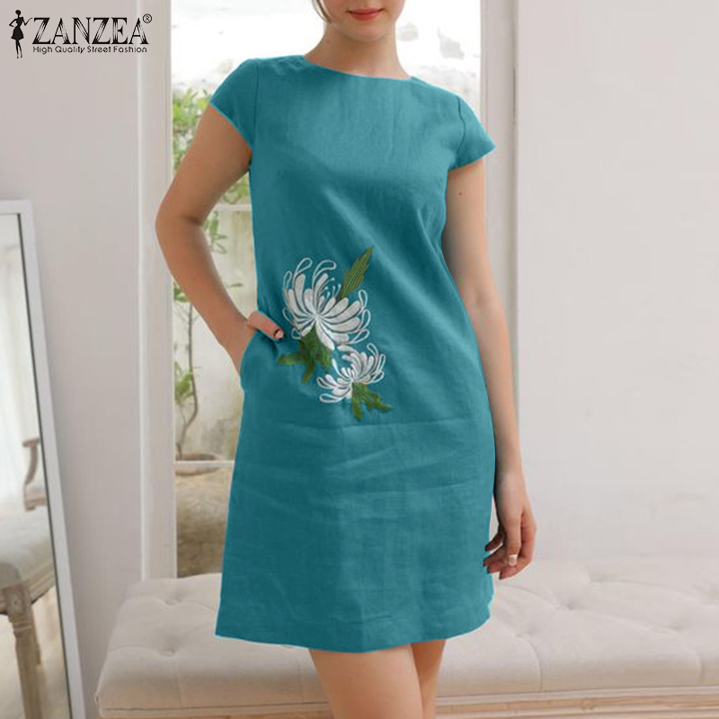 ZANZEA Womens Floral Embroidery Mini Sundress Vintage Loose Cotton Linen Plain Dresses #15