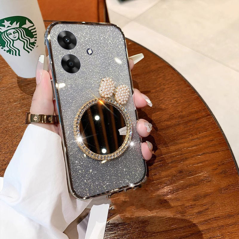 New Phone case Realme Note 60 50 C51 C61 Back cover with Bow Makeup Mirror Luxury Shiny Gradient Clear Plating Glitter Girls Slim For Realme Note 50 Note 60 C63 C61 case.
