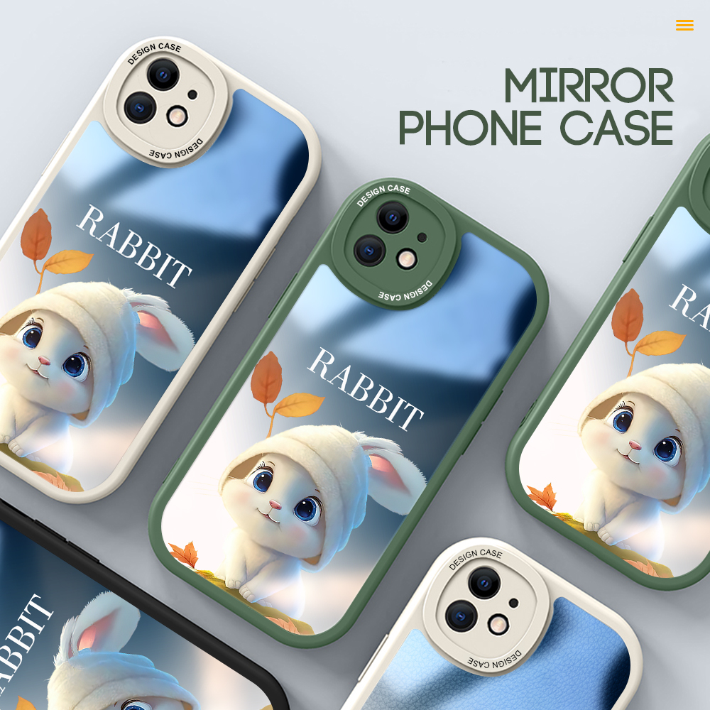 Jizetin Casing For Xiaomi Redmi Note 10 Note 10 5G Note 10 Pro Note 10S Note 11 Note 11S Note 11 5G Cute White Hat Rabbit Pattern Slim Mirror Back Casing Soft Silicone Phone Case