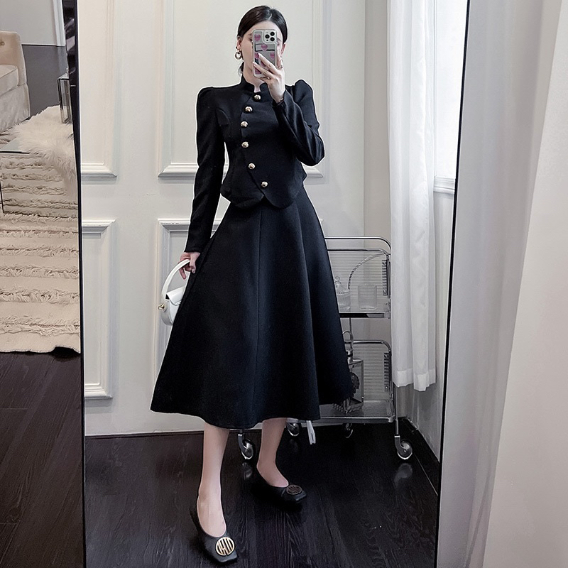 Sét áo dạ nút dán hình cong tay dài + chân váy xoè lửng jari-clothes