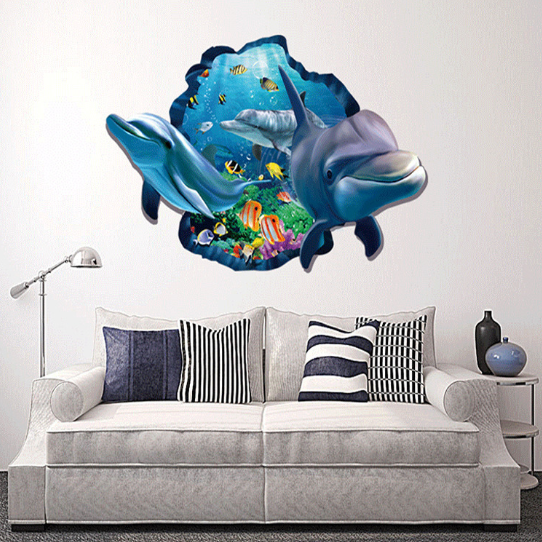 Decal trang trí tường - Vết nứt đại dương cá heo xanh