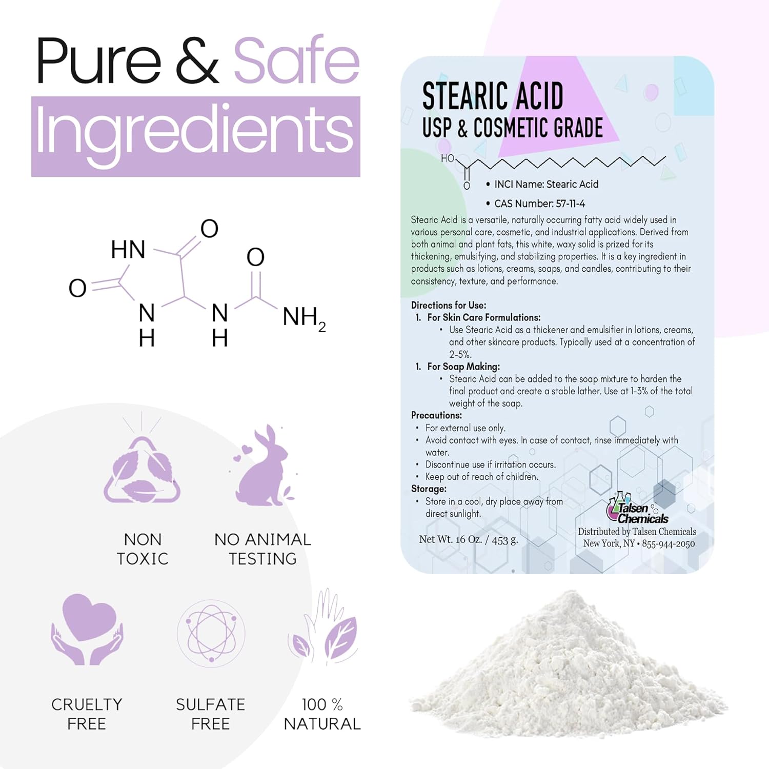 Stearic Acid Powder Cosmetic Grade - Organic Versatile Emulsifier and Thickener for Lotions Making, Creams, and Soaps, Perfect for DIY Skincare, Candle Making. 