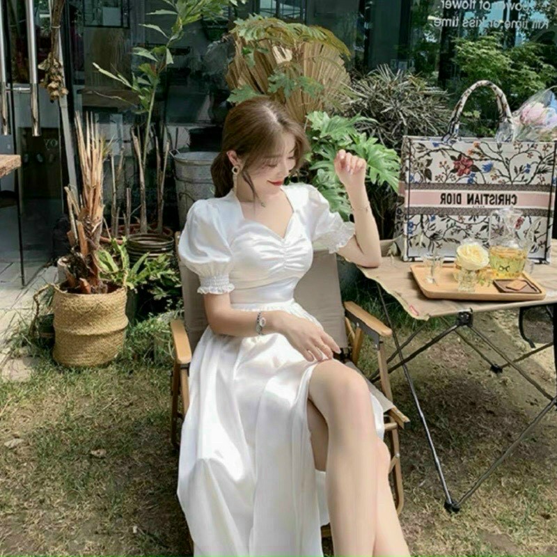 Đầm tay phồng nhún ngực xẻ tà T&H