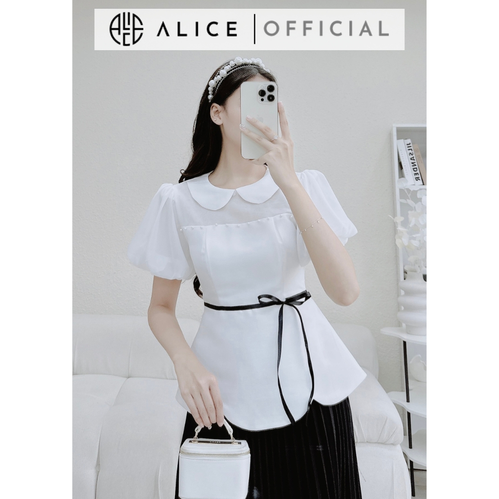 Áo sơ mi trắng tiểu thư cổ sen đính ngọc alice tay bồng lót lụa mềm mịn thắt nơ tôn dáng phong cách thanh lịch a282